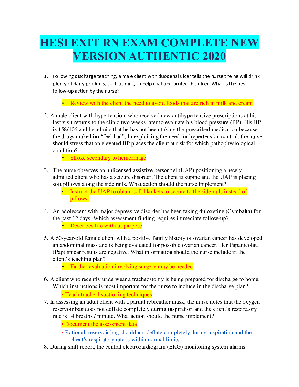 Preview of HESI EXIT RN EXAM COMPLETE NEW VERSION AUTHENTIC 2020, with Rationales : Ace your Study!